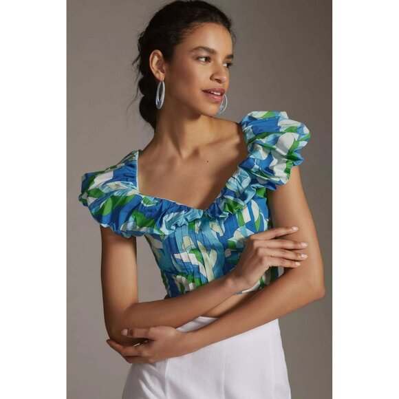 Anthropologie Tops - Anthropologie Maeve Top M Blue Puff Sleeve Ruffle Crop Top  V-Neck  Smocked